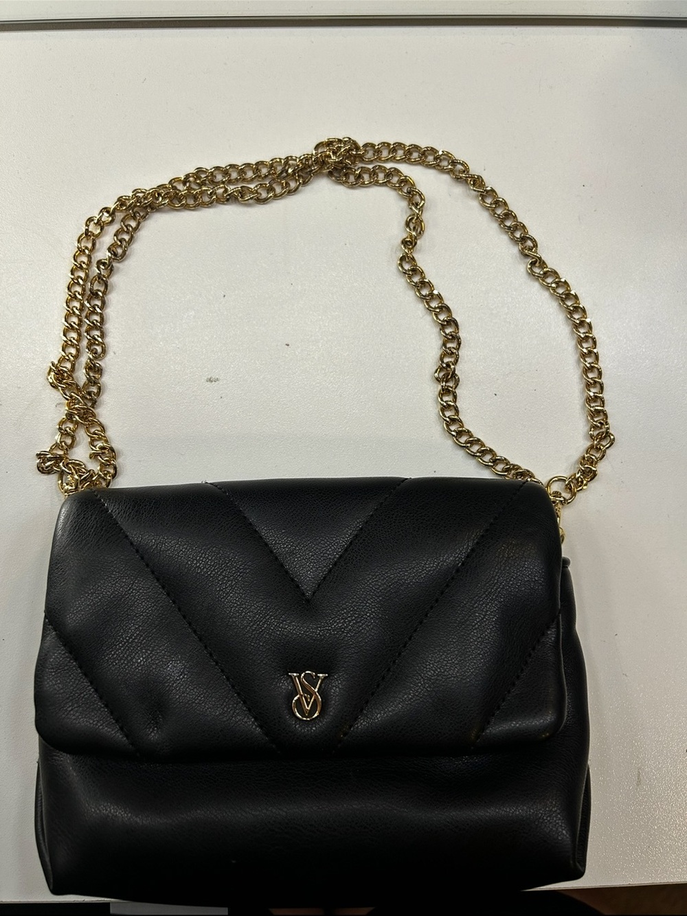 Victoria's Secret Black Quilted Crossbody with Gold Chain